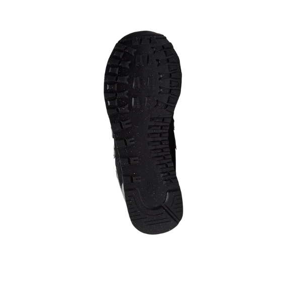 The NEW BALANCE Womens 574 Core Black/White sneaker is shown from the sole, highlighting its textured rubber tread for traction against a white background—capturing the signature style and versatility of this classic model.