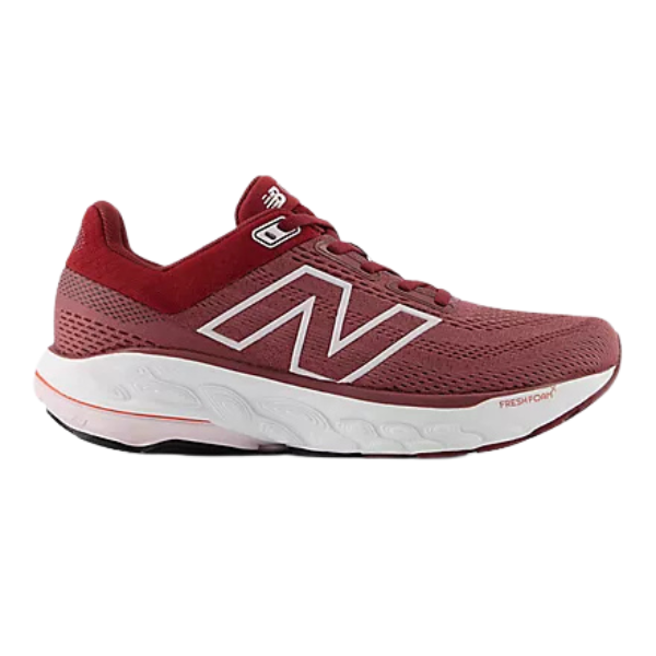 The New Balance Women's Fresh Foam 860v14 Red/White is a stability running shoe with breathable mesh, lace-up closure, white accents, a large white N logo, a white sole, and Fresh Foam X cushioning for comfort.