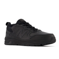 The New Balance Womens WX857 V3 Wide Black training shoe features a low-top design, lace-up closure, textured sole, signature N logo, and ROLLBAR technology, displayed on a white background.