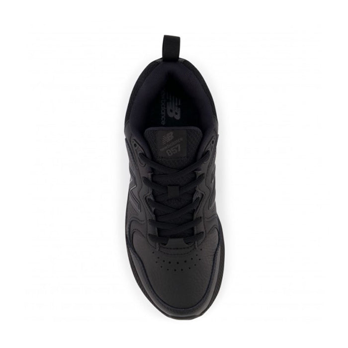 Top view of the New Balance Womens WX857 V3 Wide Black training shoe with laces, a subtle tongue logo, and ROLLBAR tech by NEW BALANCE, shown on a plain white background.