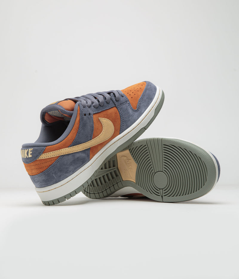 Nike SB Dunk Low Pro Shoes in Light Carbon and Sesame and Monarch