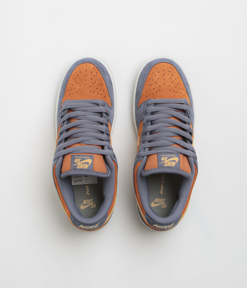 Nike SB Dunk Low Pro Shoes in Light Carbon and Sesame and Monarch