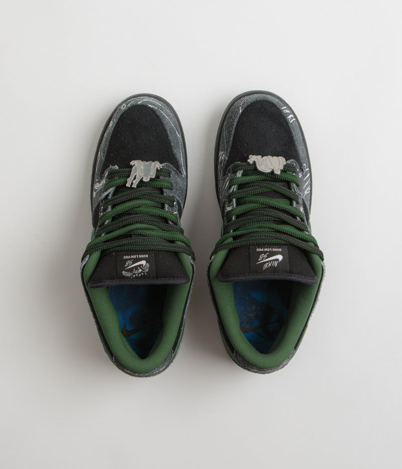 Nike SB x There Skateboards Dunk Low Shoes in Black and Gorge Green and Summit White
