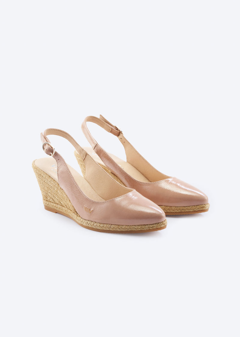 Blush pink leather slingback wedge espadrilles with a pointed closed toe and natural braided jute wedge, handcrafted in Spain