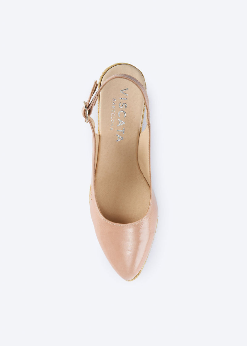 Top view of blush pink leather slingback wedge espadrille with a pointed closed toe, handcrafted in Spain