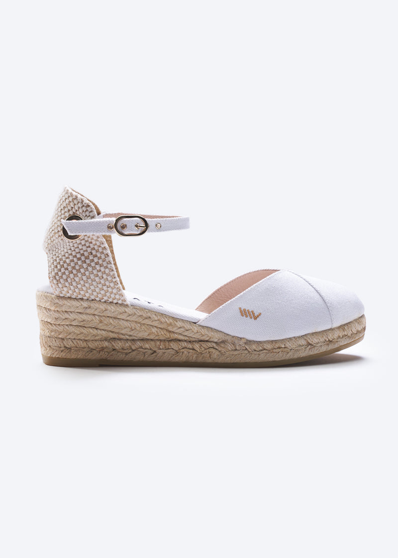 Pubol Limited Edition White Canvas Ankle Strap Women Espadrille Wedge