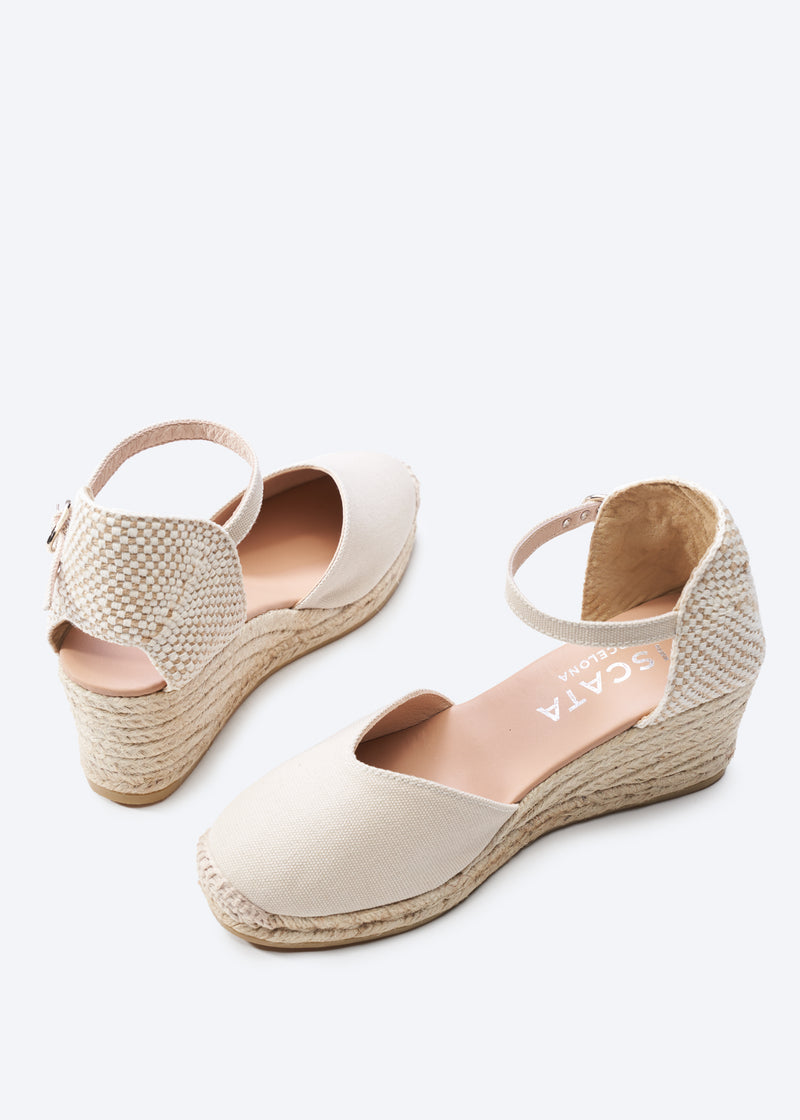 Reus Beige Canvas Ankle Strap Women Espadrille Medium Wedges