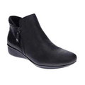 The Revere Womens Damascus Bootie Wide Black by REVERE features a low wedge heel, side zipper, textured back, and subtle arch support. Displayed on a white background.