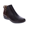 The REVERE Revere Womens Damascus Bootie Wide Espresso is a dark brown leather bootie with a side zipper, low wedge heel, arch support, textured back, and smooth front finish, shown on a white background.
