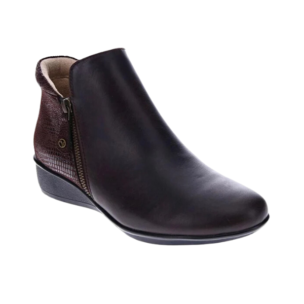 The REVERE Revere Womens Damascus Bootie Wide Espresso is a dark brown leather bootie with a side zipper, low wedge heel, arch support, textured back, and smooth front finish, shown on a white background.