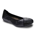The REVERE Womens Nairobi Black Lizzard ballet flat features a textured, shiny toe cap, soft matte body, low heel, and patterned insole for stylish comfort and all-day foot pain relief.