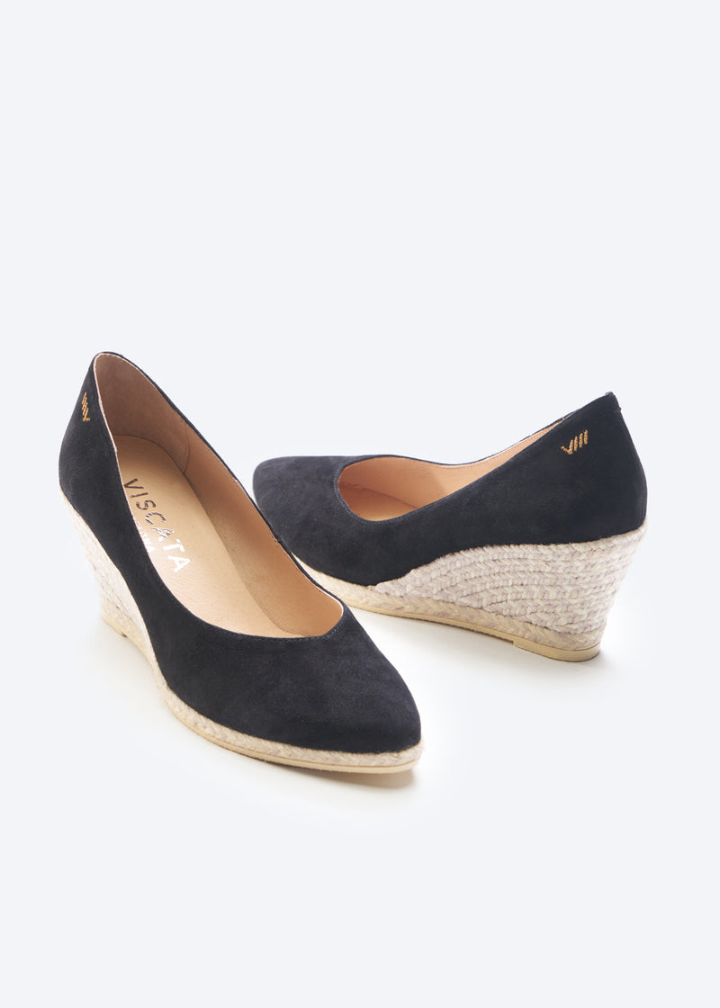 Roses V Cut Limited Edition Jacquard Bicolor Black Suede Slip On Women Espadrille Medium Wedges