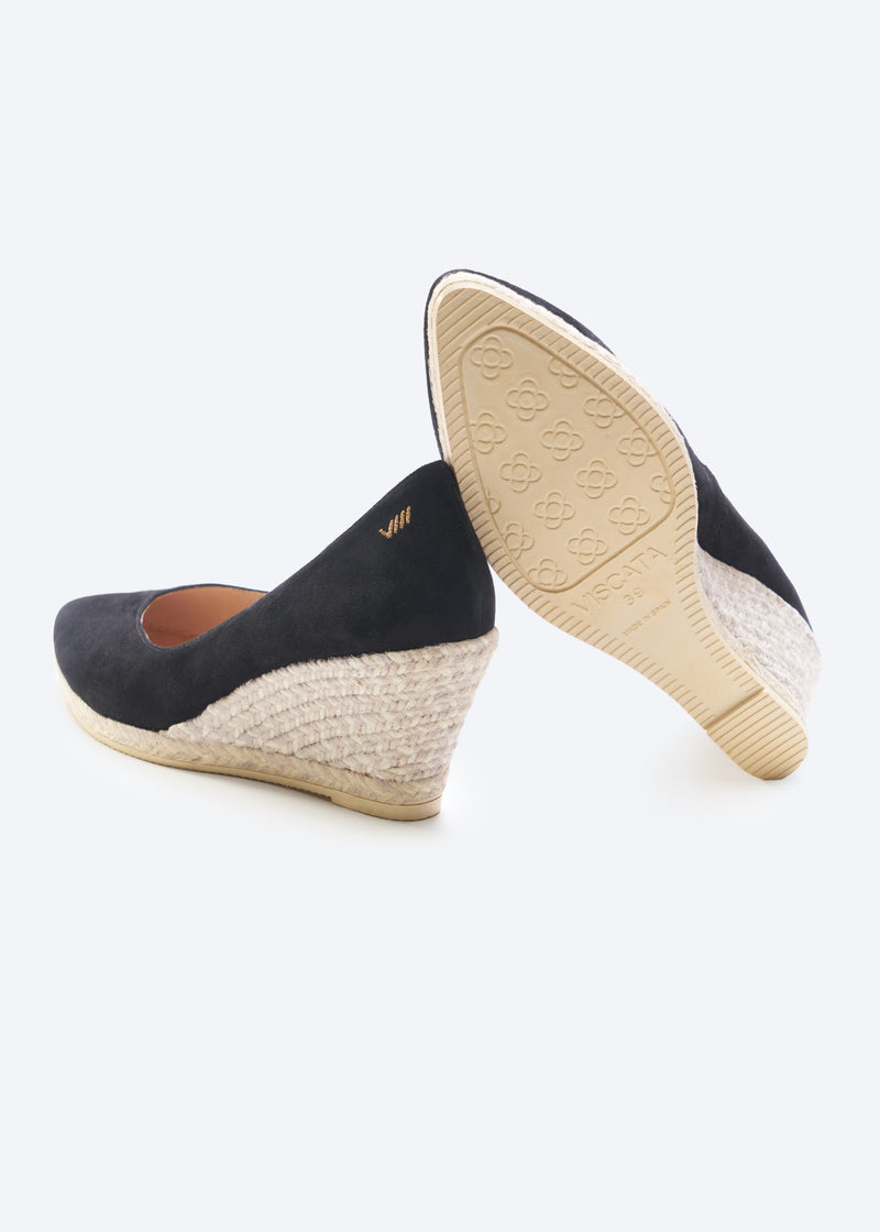 Roses V Cut Limited Edition Jacquard Bicolor Black Suede Slip On Women Espadrille Wedges Sole and Jute Detail
