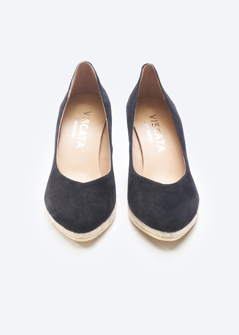 Roses V Cut Limited Edition Jacquard Bicolor Black Suede Slip On Women Espadrille Medium Heel Wedges