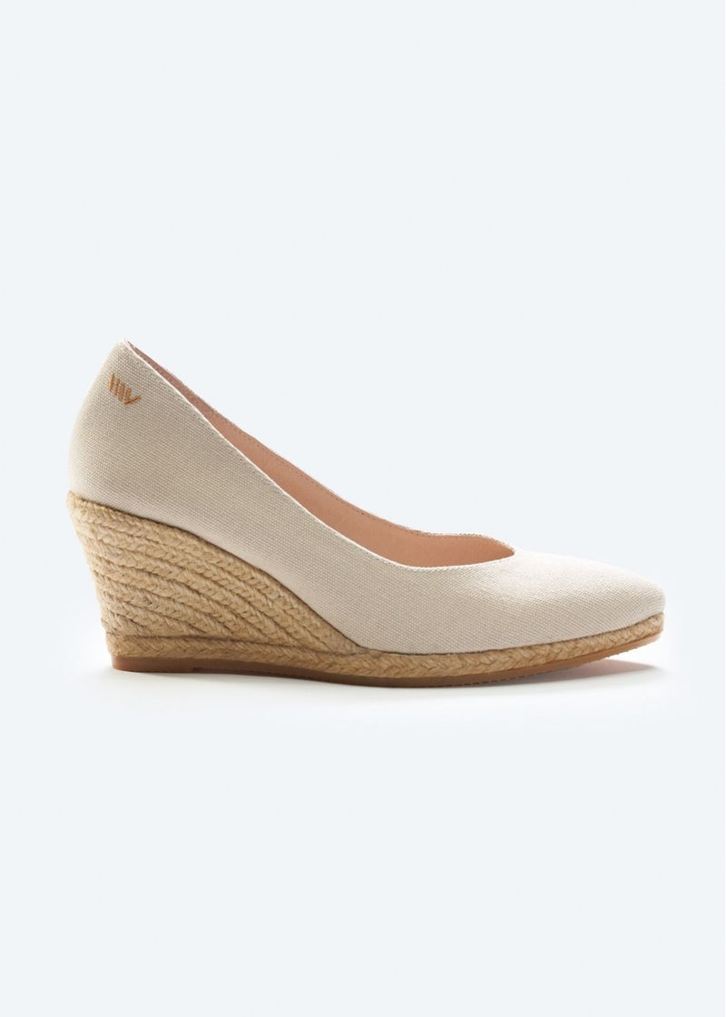 Roses V Cut Beige Canvas Slip On Women Espadrille Wedge
