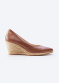 Brown leather espadrille wedge pump, side view.