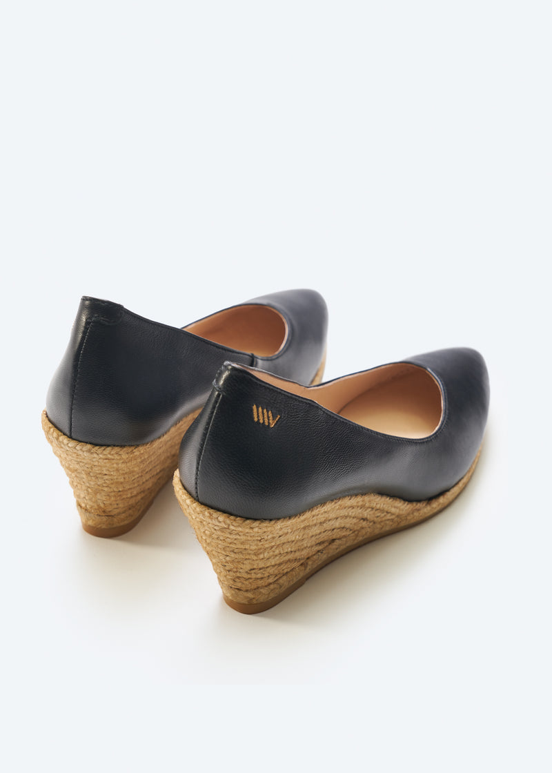 Roses V Cut Black Leather Slip On Woman Espadrille Wedges Back Detail