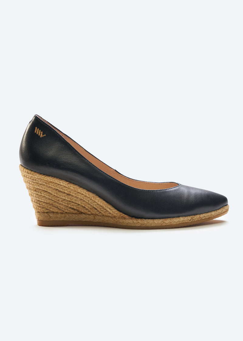 Roses V Cut Black Leather Slip On Woman Espadrille Wedge