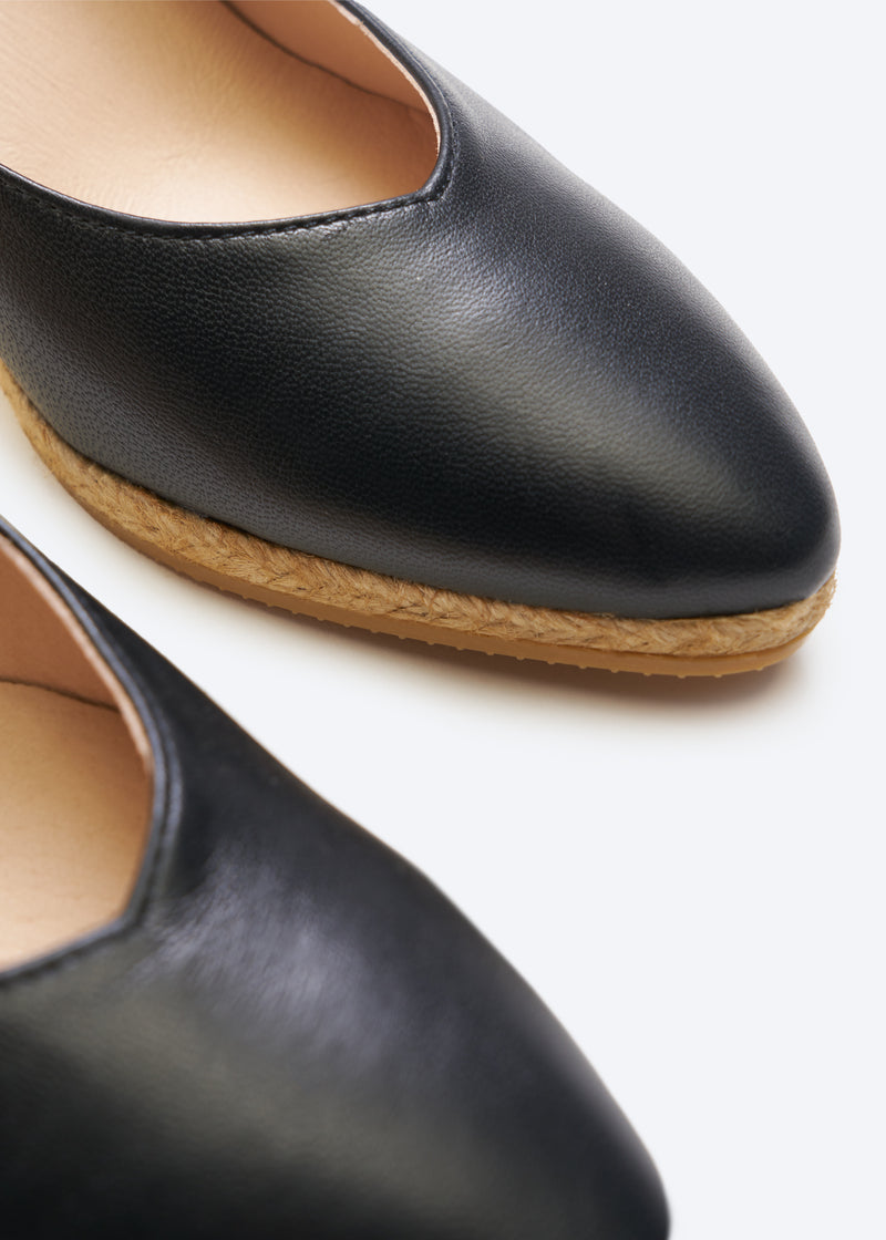 Roses V Cut Black Leather Slip On Woman Espadrille Wedges Closed Toe Detail