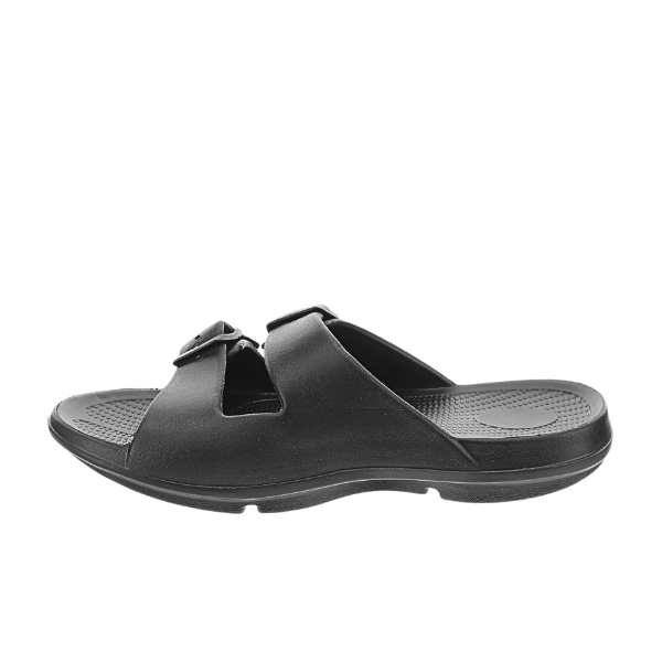 The Sovella Mens Buckle Slide Black by SOVELLA features two adjustable straps and a contoured footbed for arch support, shown in side profile on a white background.