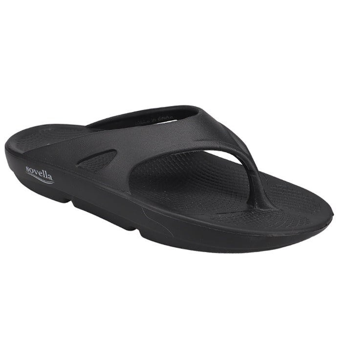 The Sovella Mens PF Thong Black sandal features a thick contoured sole, textured footbed, arch support, and rebound cushioning for all-day comfort and support.