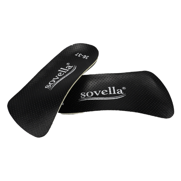 Two black, textured SOVELLA S2000 3/4 Dress Arch Supports insoles, each printed with the SOVELLA brand name in white, overlap on a white background and are designed with arch support.