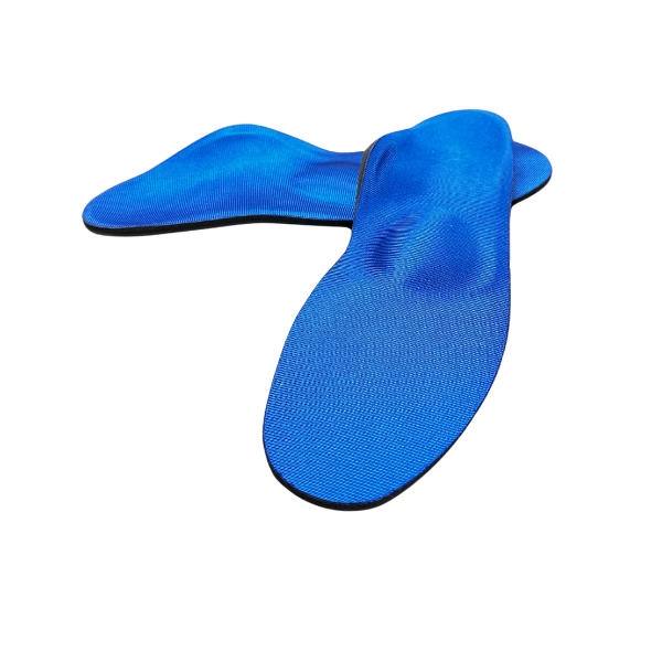A pair of blue SOVELLA S3500 Comfort insoles with MET Sport Arch Supports, featuring a textured surface and contoured arch support for improved shock absorption, displayed on a white background.
