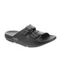 The Sovella Womens Buckle Slide Black is a water-friendly sandal with two adjustable straps, arch support, textured footbed, and SOVELLA branding on the side.
