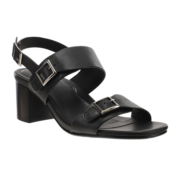 The SOVELLA Sovella Womens Celeste Sandal Black features two Wide adjustable silver buckle straps, an ankle strap for support, a thick low heel, open toe, and a cushioned footbed for comfort.