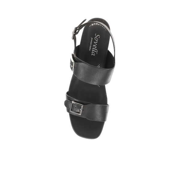 The Sovella Womens Celeste Sandal Black by SOVELLA features two Wide, adjustable buckle straps, a secure back strap, the Sorella label on the insole, and a cushioned footbed for comfort.