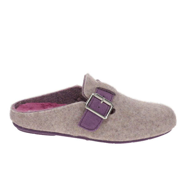 The Sovella Womens Nancy Slipper Purple by SOVELLA features a fuzzy beige exterior, purple sole and strap with a silver buckle, plus a soft purple inner lining—ideal for orthotic support and foot pain relief.