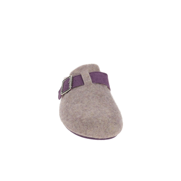 The SOVELLA Womens Nancy Slipper Purple is a felt orthotic slipper in light brown with a purple strap and silver buckle, shown from the front against a white background—designed to ease foot pain.