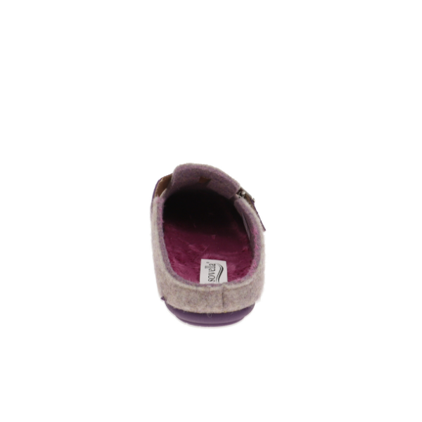 A back view of the Sovella Womens Nancy Slipper Purple by SOVELLA features a light gray exterior, purple interior and sole, and is designed to help alleviate foot pain, shown on a white background.