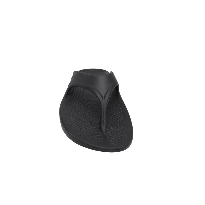 The Sovella Womens PF Thong Black sandal by Sovella is shown from the front on a white background, featuring a textured footbed and Wide thong strap that delivers all-day arch support comfort.