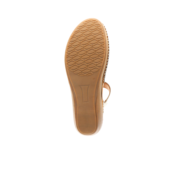 The SOVELLA Sovella Womens Sabrina Multi shoe, shown from the bottom, displays its geometric-patterned textured rubber sole with shock-absorbing comfort and the number 39 near the center.