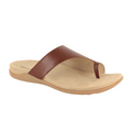 The Strive Womens Capri III Tan by STRIVE is a brown leather orthotic sandal for women, featuring a single Wide strap, toe loop, beige cushioned footbed, and light brown sole for biomechanical support.