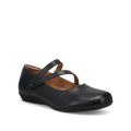 The TAOS Taos Womens Banter Black is a chic luxe leather Mary Jane flat with two diagonal straps, rounded toe, textured sole, arch and metatarsal support, plus a removable footbed for all-day comfort. Shown side view on white background.