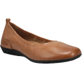 The TAOS Womens Chit Chat Caramel ballet flat features a rounded toe, low black textured sole, small heel pull tab, and removable footbed for extra comfort.