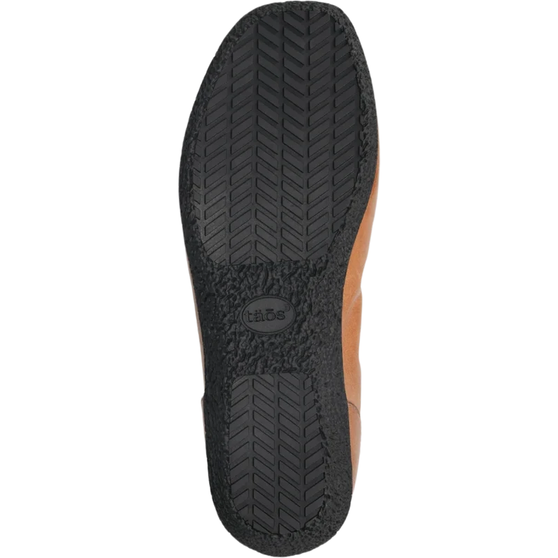A close-up of the TAOS Womens Chit Chat Caramel sole shows a black herringbone tread, round logo, and textured edges. The brown upper suggests comfort features like arch support and a removable footbed.