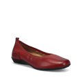 The Taos Womens Chit Chat Red by TAOS is a single red leather skimmer flat with a rounded toe, low black textured sole, subtle stitching, and an orthotic-friendly design, displayed on a white background.