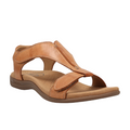 The TAOS Taos Womens The Show Caramel sandal features a low heel, arch support, antimicrobial cushioned footbed, and adjustable hook-and-loop straps for comfortable casual wear.