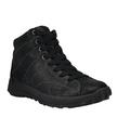 The Taos Women's Trail Mix Black by TAOS is a black high-top sneaker with textured finish, black laces, rugged sole, and visible stitching. It combines boot-like comfort and style with a supportive footbed. Shown on a plain white background.