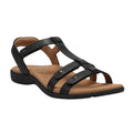 The TAOS Taos Womens Trophy 2 Black Emboss sandal features black leather, a cushioned tan footbed with arch support, three studded straps, and a low flat sole for all-day comfort.