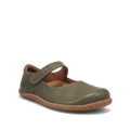 The TAOS Taos Women's Ultimate Leather Mary Jane Forest is a single olive green leather shoe with a hook-and-loop strap, brown suede lining, and textured rubber sole with arch support, shown on a white background.