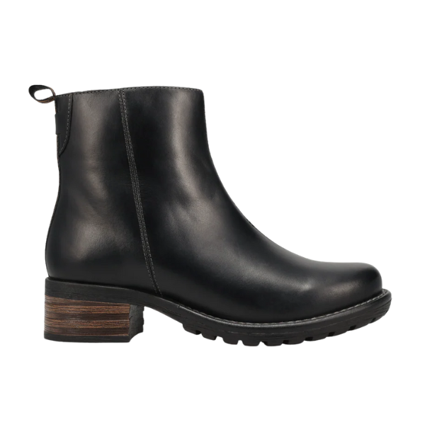 The TAOS Women's Uptown Black ankle boot features black leather, a low stacked wooden heel, textured rubber sole for arch support, back pull tab, and minimal side stitching—a classic addition to the Taos collection.