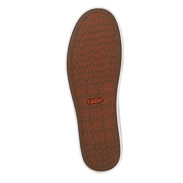 The Taos Women's Winner Black sneaker by TAOS features a brown rubber sole with "taös" embossed throughout, an orange taös logo near the heel, and a white border—ideal for your favorite high-top style.