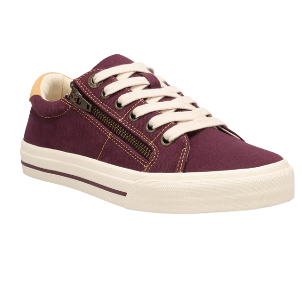 The TAOS Women's Z Soul Daisy Plum sneaker features maroon canvas, white laces, a white rubber sole, tan stitching, and a decorative side zipper—plus supportive comfort ideal for plantar fasciitis.