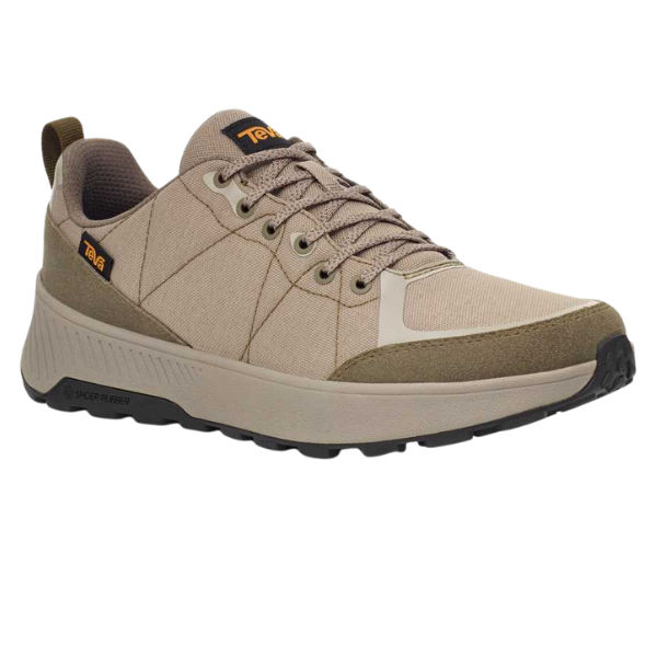 The Teva Men’s Ellwood Taupe Desert hiking sneaker by TEVA features a beige and olive design, textured sole, mesh fabric, yellow branding on the tongue and side, and is made with recycled materials, shown against a white background.