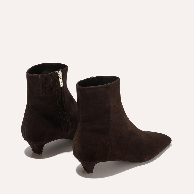 The Inga - Espresso Suede by margaux-development: dark brown suede ankle boots with low kitten heels and side zippers, designed as an NYC-ready staple, shown against a light background.