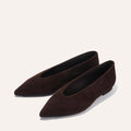 The Parra - Espresso Suede flats by margaux-development feature dark brown suede, a pointed toe, and low heels, shown against a plain light background.